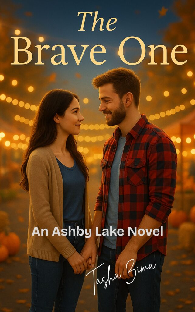 Book cover of the Brave One. A couple almost touching with hanging lights and pumpkins in the background