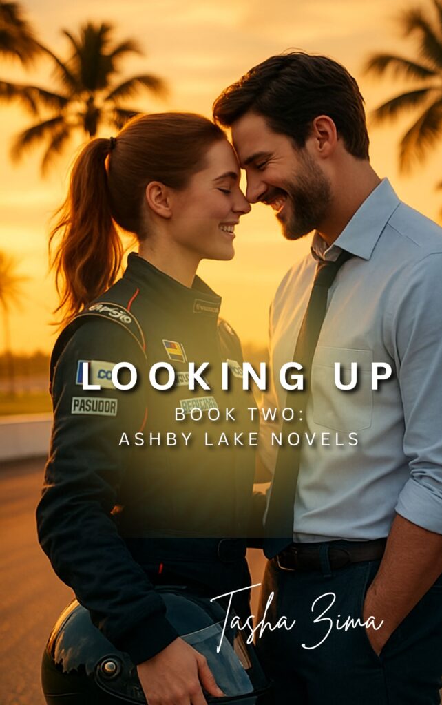 A book cover of a couple almost kissing, in a tropical location. She is wearing a team jacket and he is wearing a dress shirt and tie