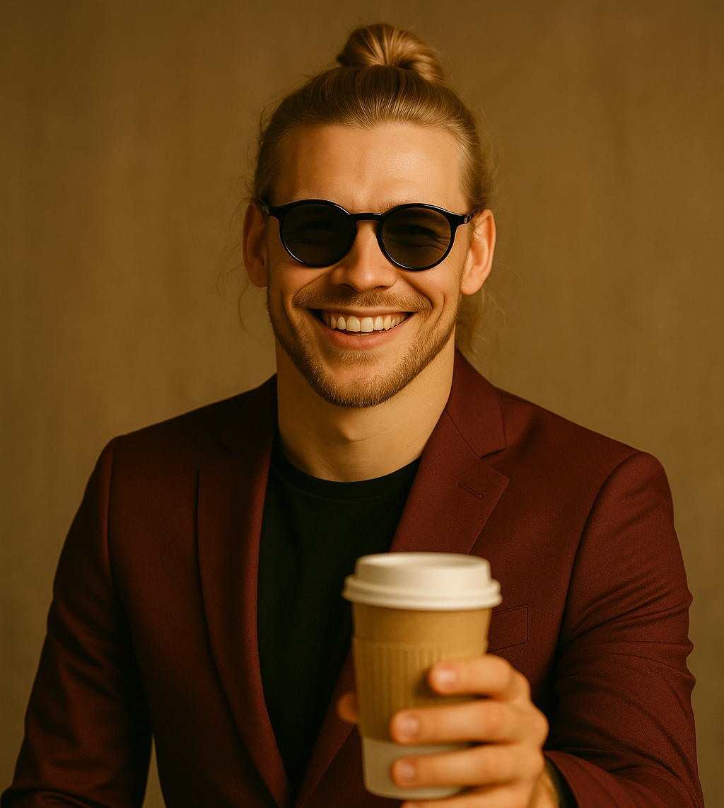 A man with a top bun, sunglasses, blond, holding out a coffee