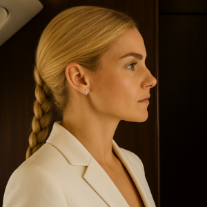 a young woman in a white blazer, long braid. Determined look in her eyes