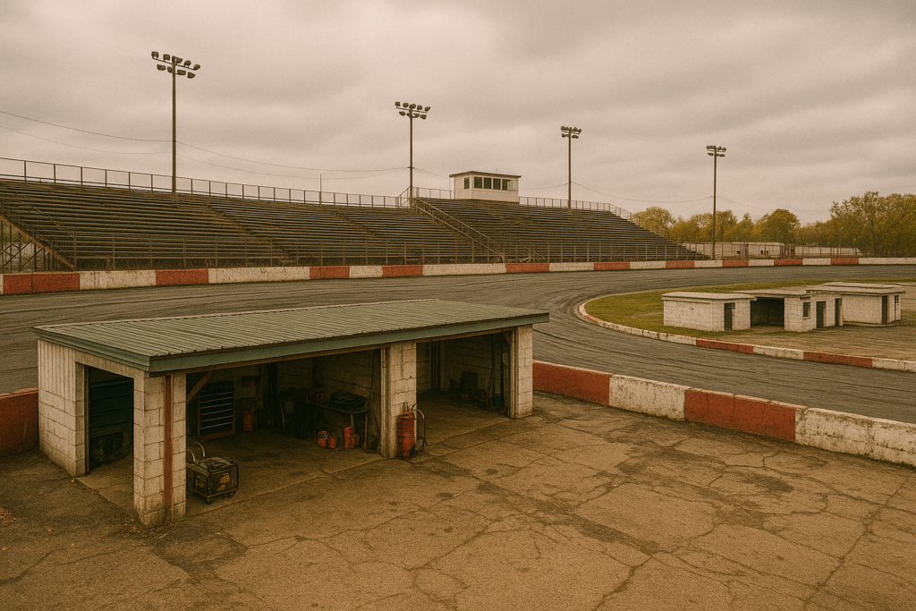 Spectator stands overlooking the slightly rundown Ashby Lake Racetrack