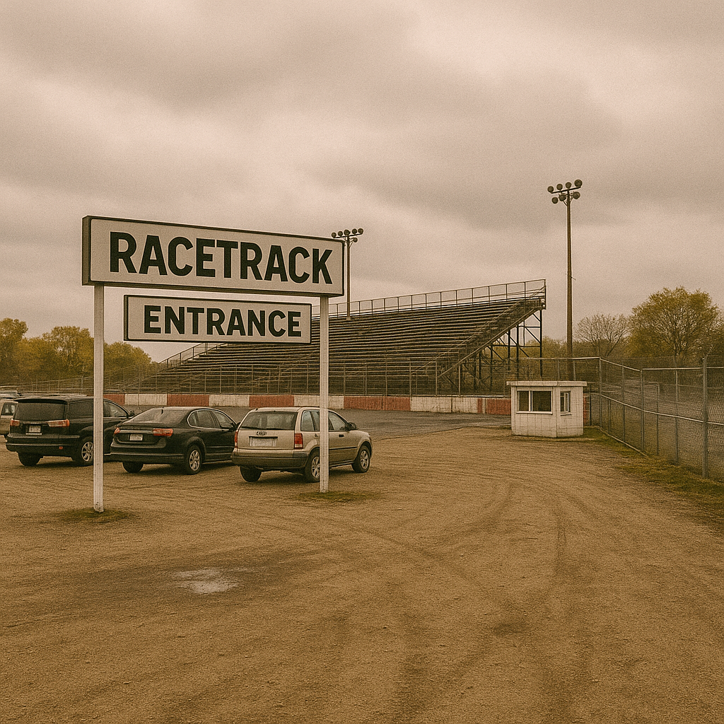 Weathered entrance to the fictional Ashby Lake Racetrack in Ontario