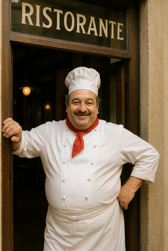 A middle aged man, with a bit of a belly, dressed in chef's whites standing in the doorway of a restaurant.