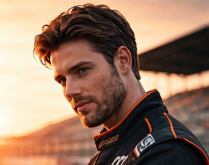 a man in his twenties, good looking, partial beard, on a racetrack, dressed in a team jacket