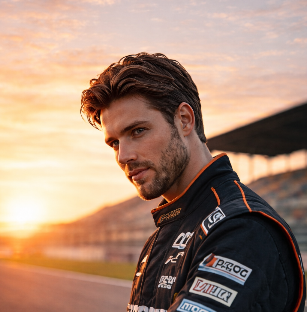 unshaven race car driver. Male, late 20s. wearing a team jacket