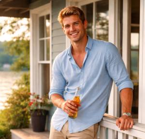 a man in his mid 20s. Tanned, blond, wearing a blue button down shirt and chinos. Dock shoes. Leaning casually up against a lakeside cottage porch. beer in hand. He has muscular forearms and a deep smile.