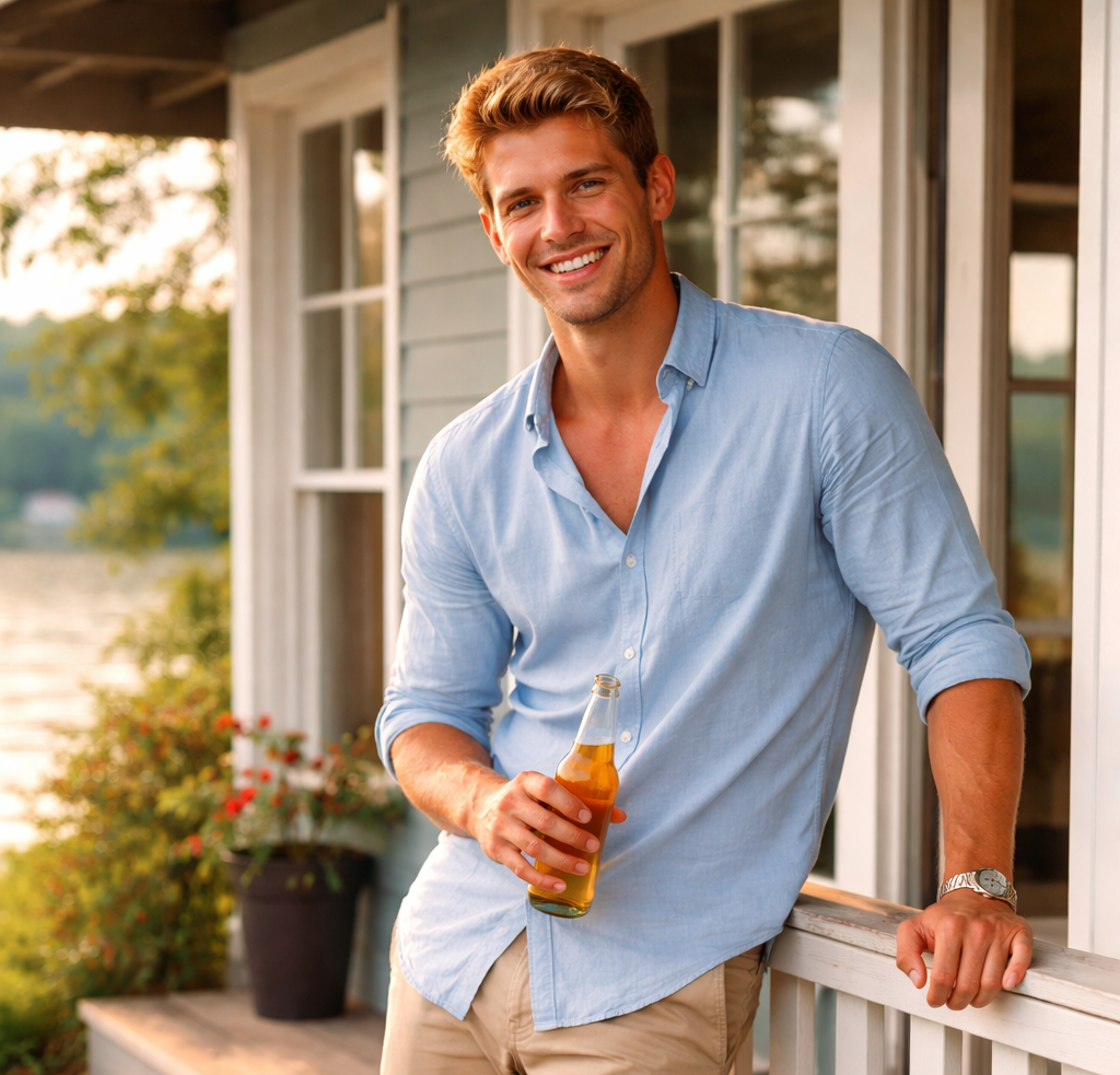 a man in his mid 20s. Tanned, blond, wearing a blue button down shirt and chinos. Dock shoes. Leaning casually up against a lakeside cottage porch. beer in hand. He has muscular forearms and a deep smile.