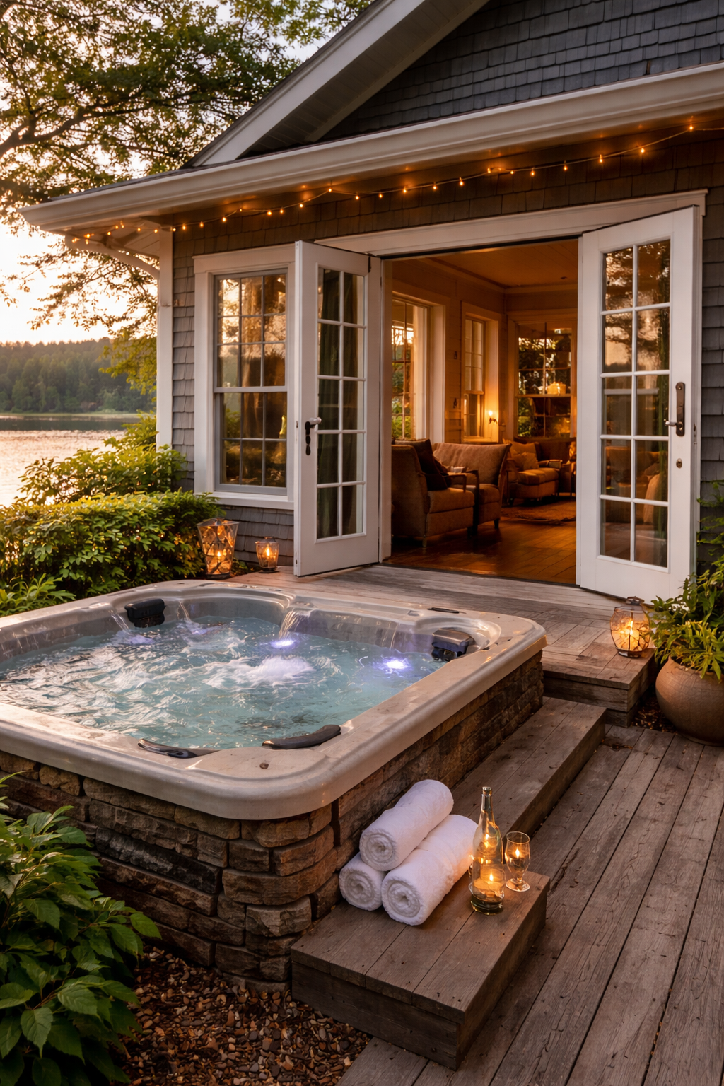 An upscale lakeside cottage with a hot tub on the back deck. The French doors open to an inviting living room.