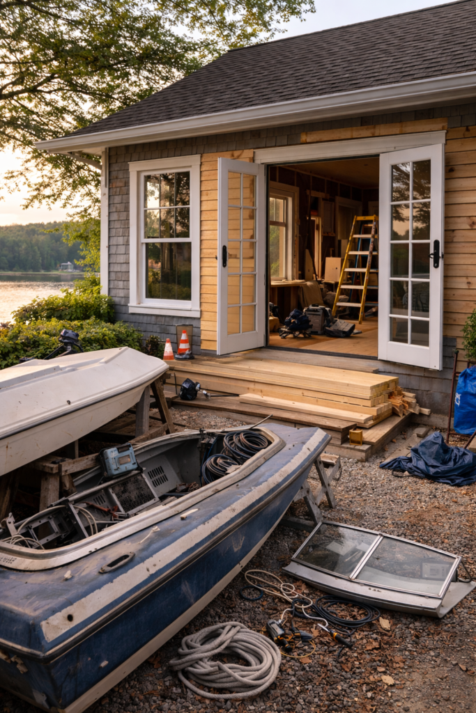 A cottage being renovated with boat parts out front and a lake in the background