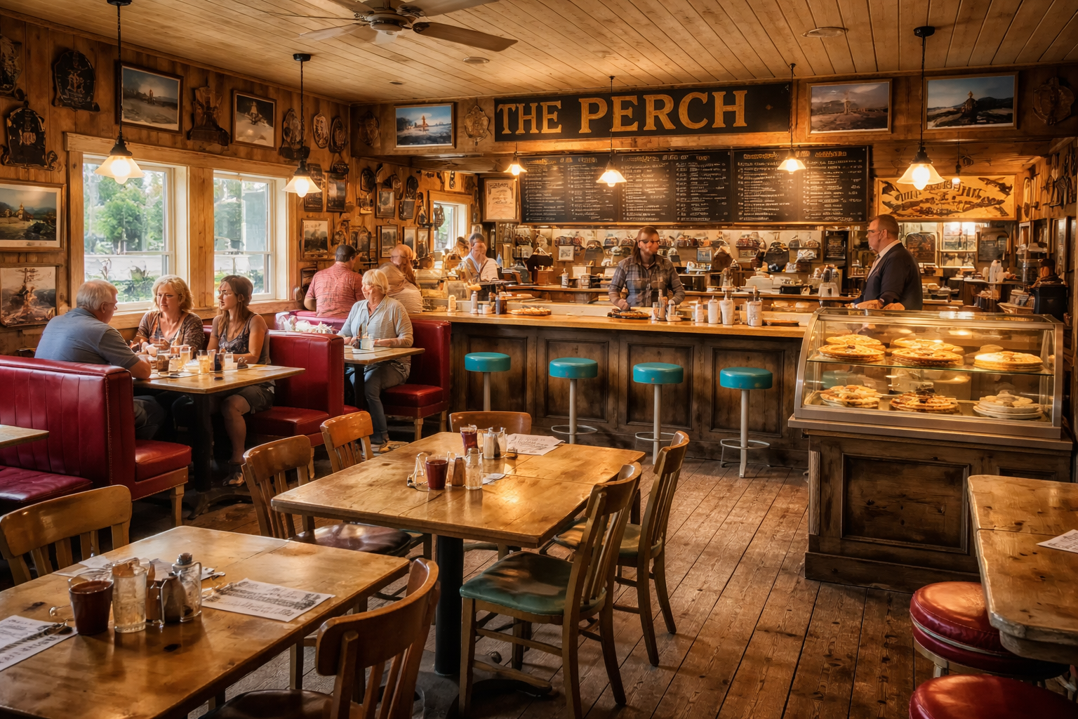A warm diner, mismatched chairs, booths, a counter, a blackboard with a menu