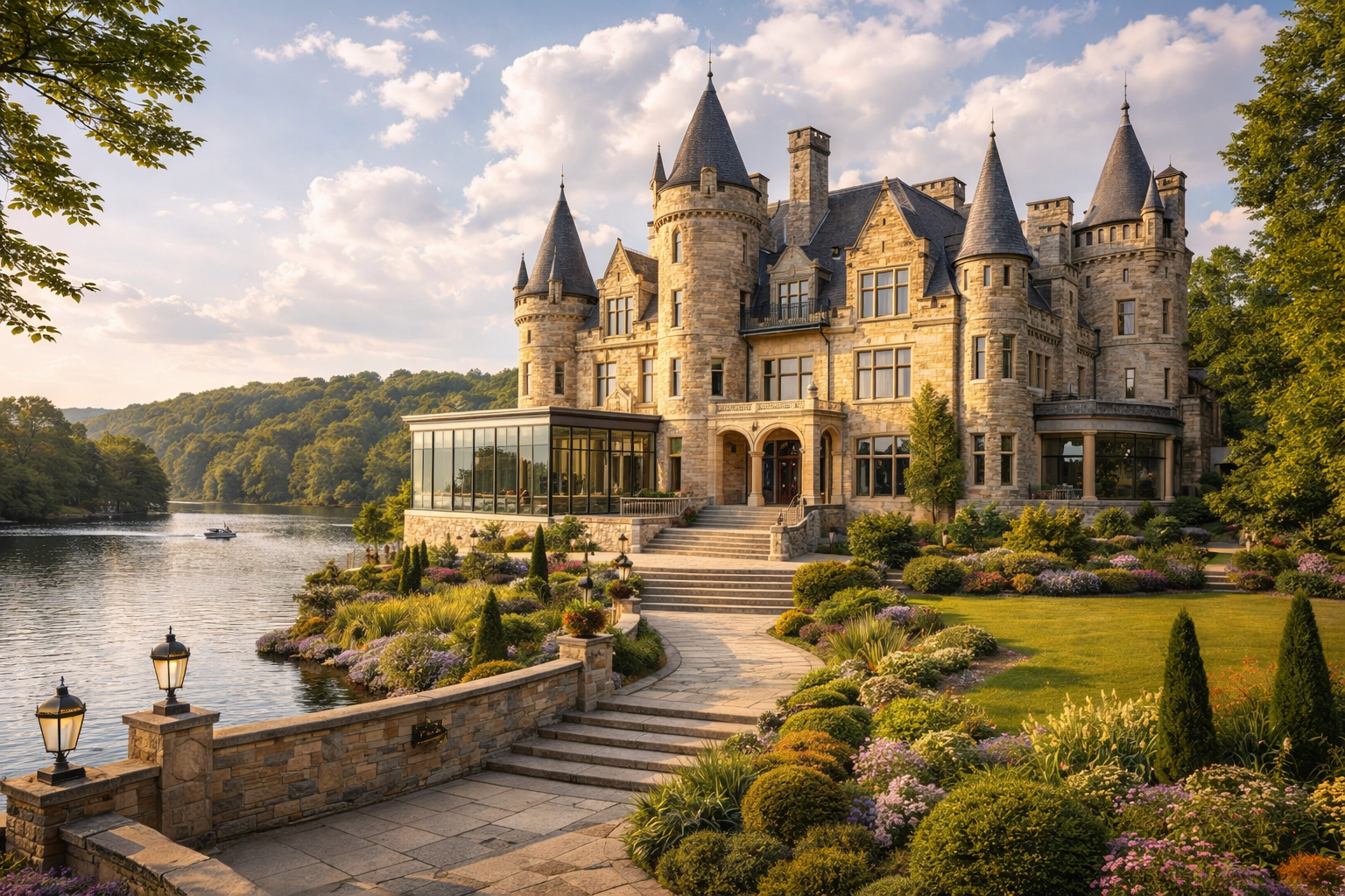 A castle by a lake. More like a large manor house, pretty.