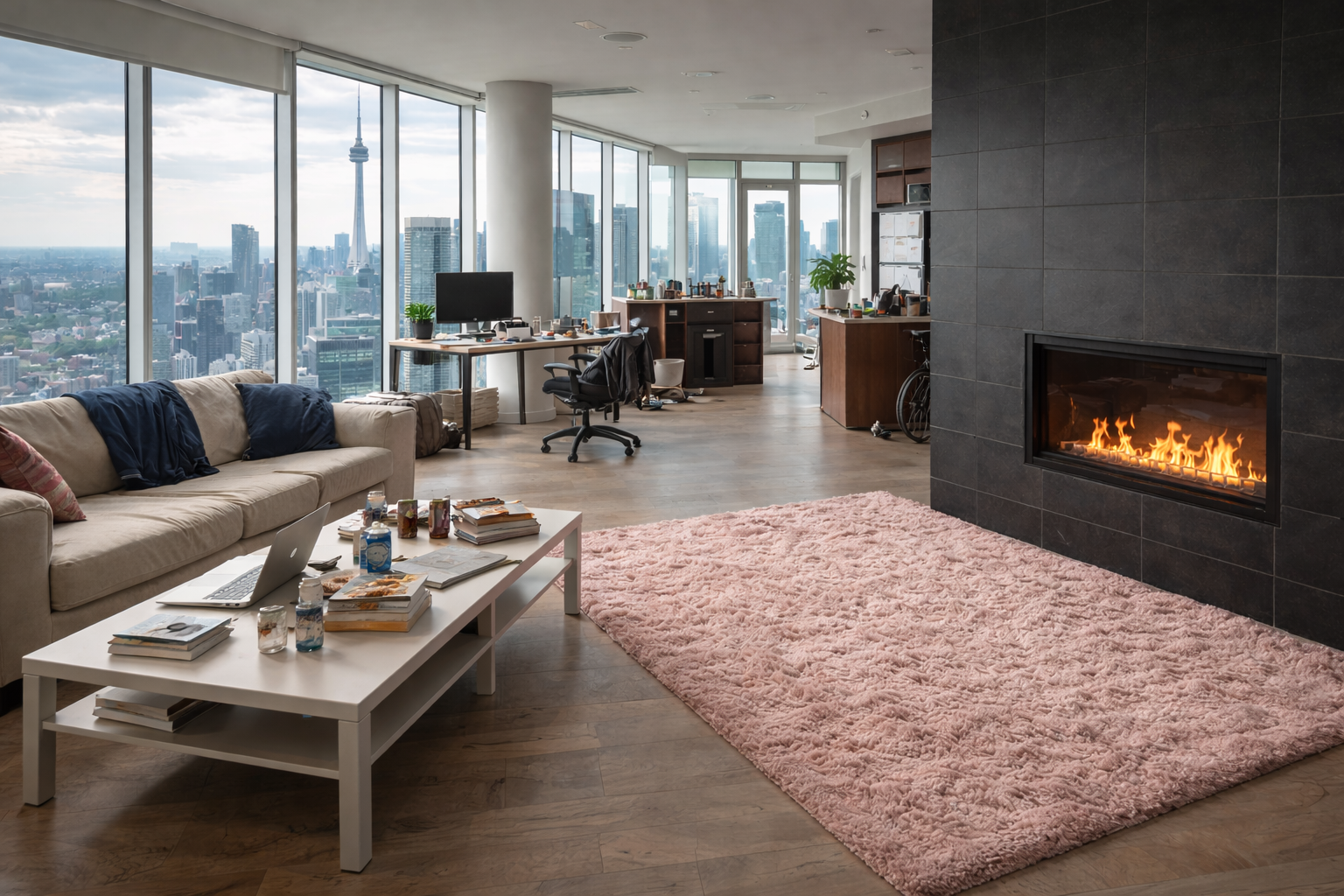 A penthouse apartment with a Toronto skyline. There is a pink rug in front of the fireplace