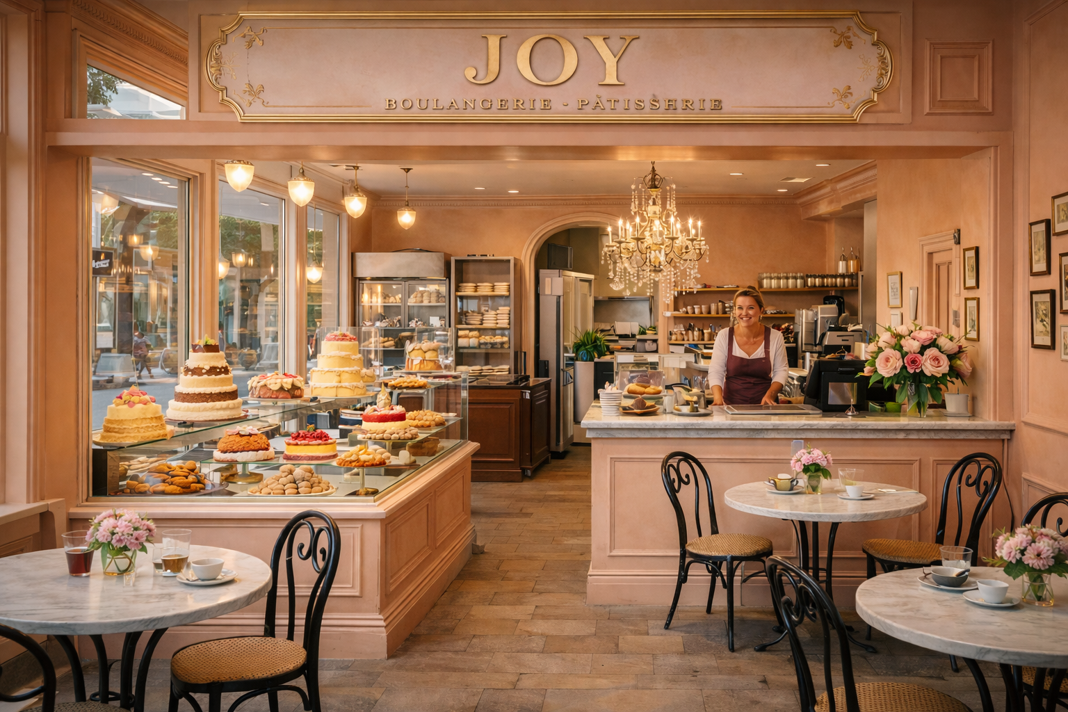 The peach-coloured interior of Joy Bakery with pastries, flowers and a chandelier