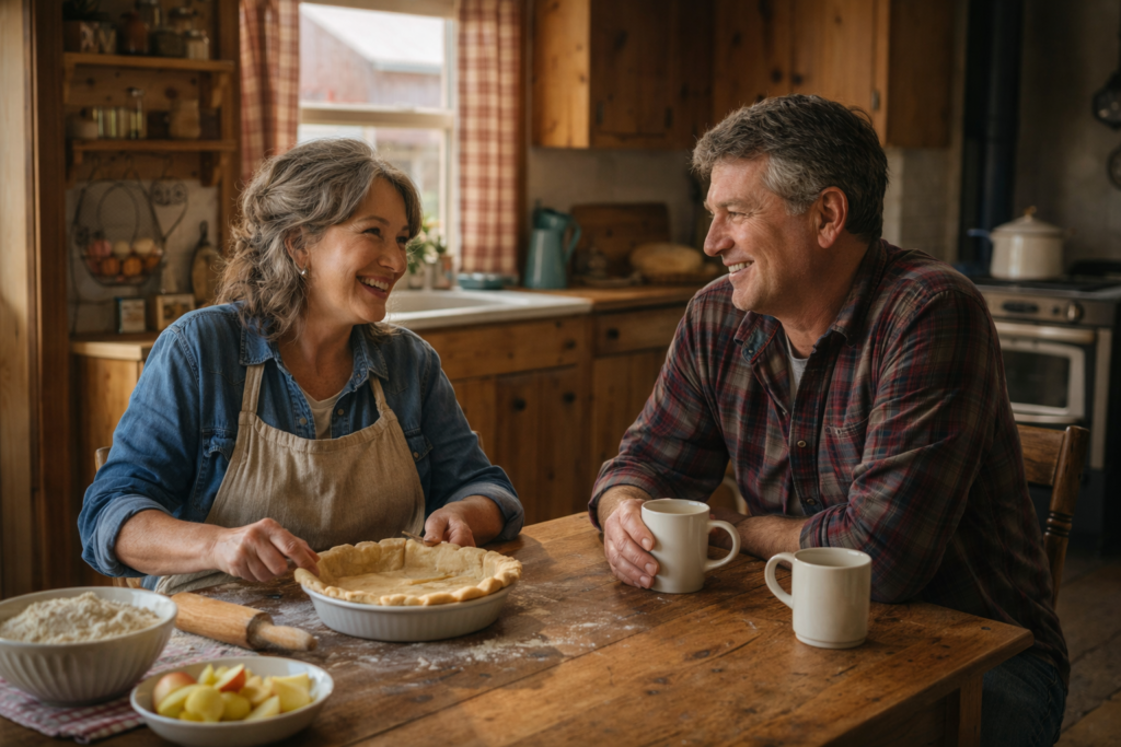 A couple in their 50s sitting at a kitchen table. The woman is making a pie and the man is drinking coffee.