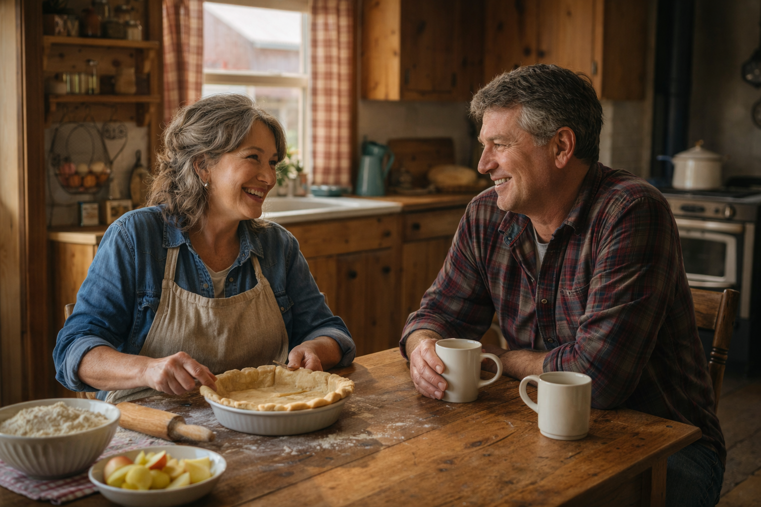 A couple in their 50s sitting at a kitchen table. The woman is making a pie and the man is drinking coffee.