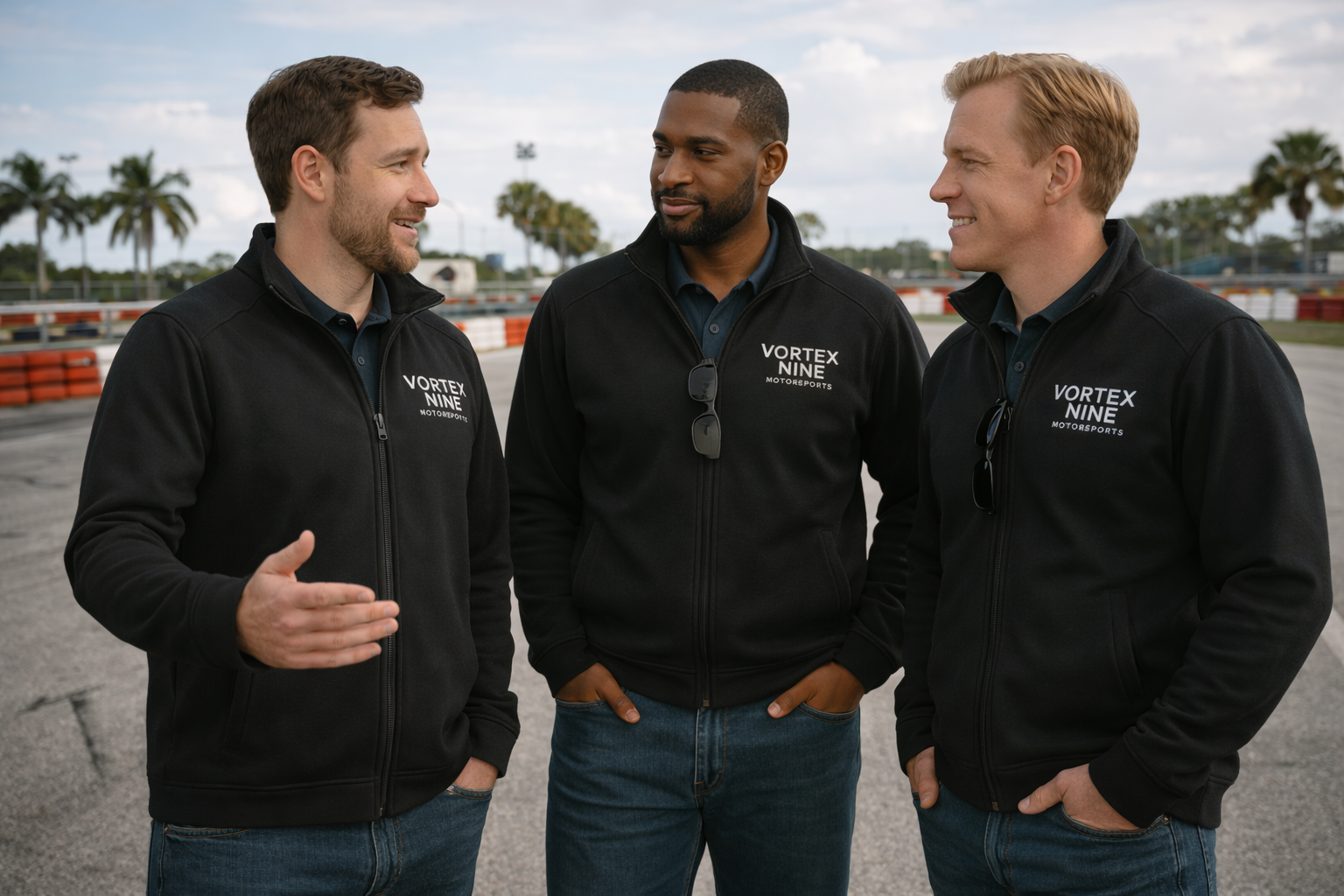 3 men standing on a racetrack tarmac talking. They are all wearing matching team jackets for Vortex Nine.