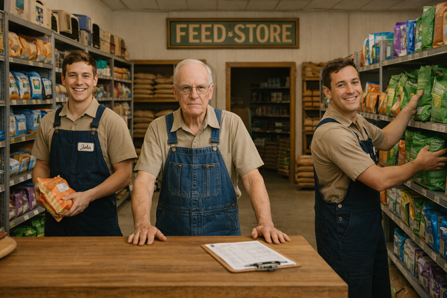 Three men in a feed store, all dressed in a similar style. Brown t-shirt, overalls. Employees with name badges. One older man, two younger men.