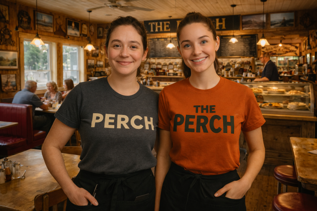 Two young women dressed as servers in a diner.