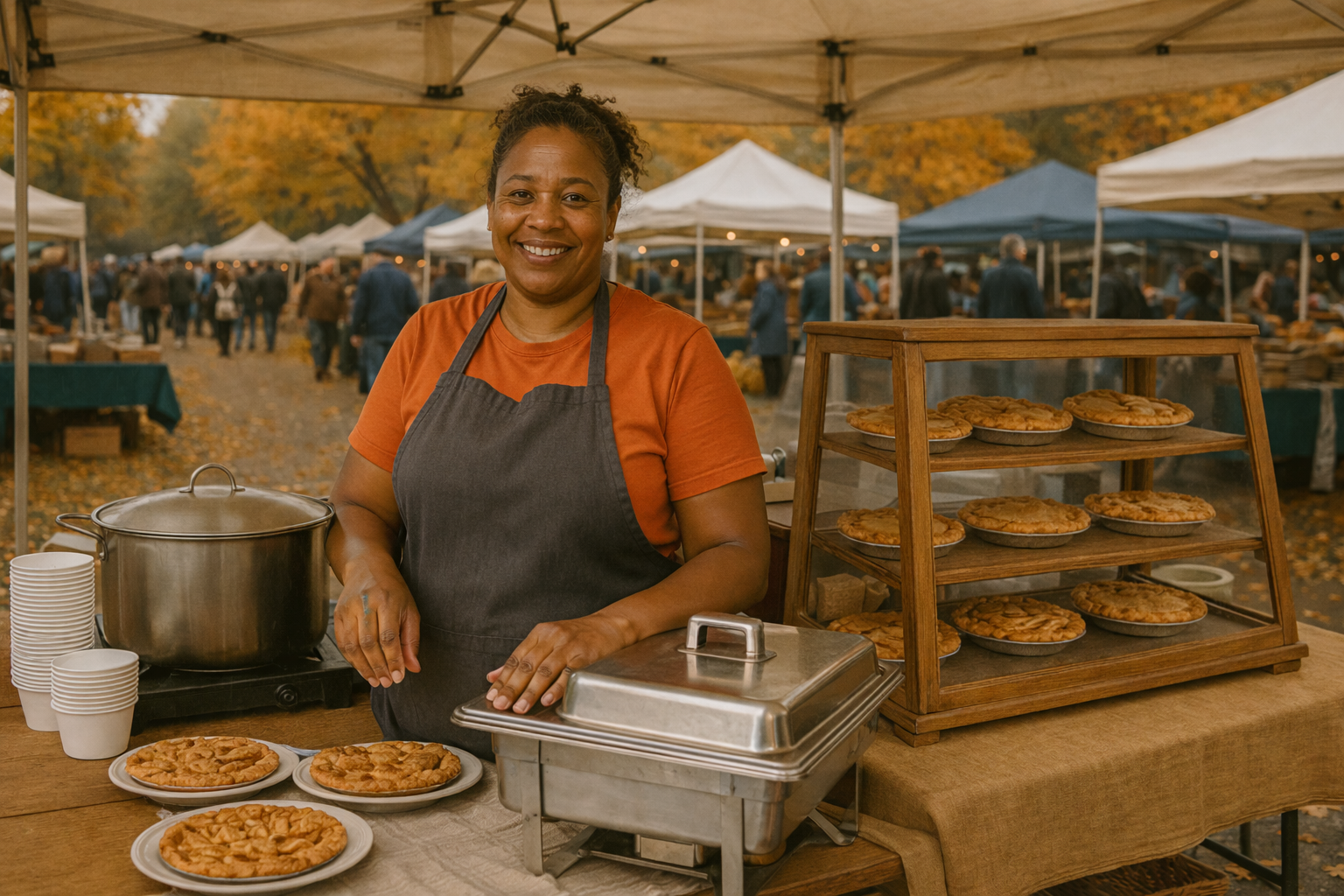 A 40 year old woman working at a food stall in a market.