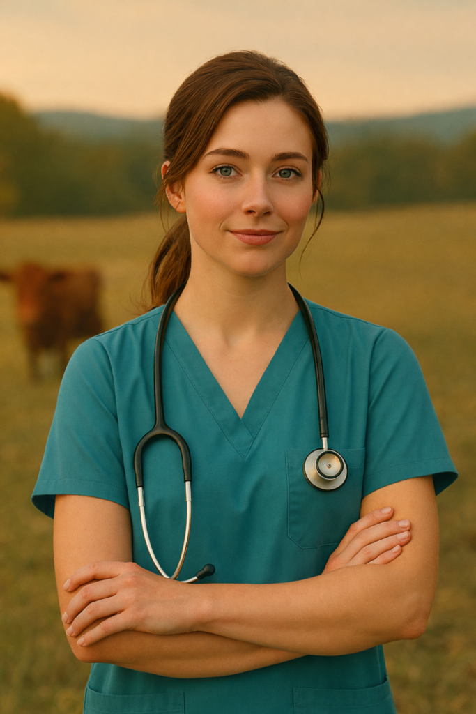Dr. Erin Kelly, an Ashby Lake mixed-animal veterinarian, standing outdoors in green scrubs