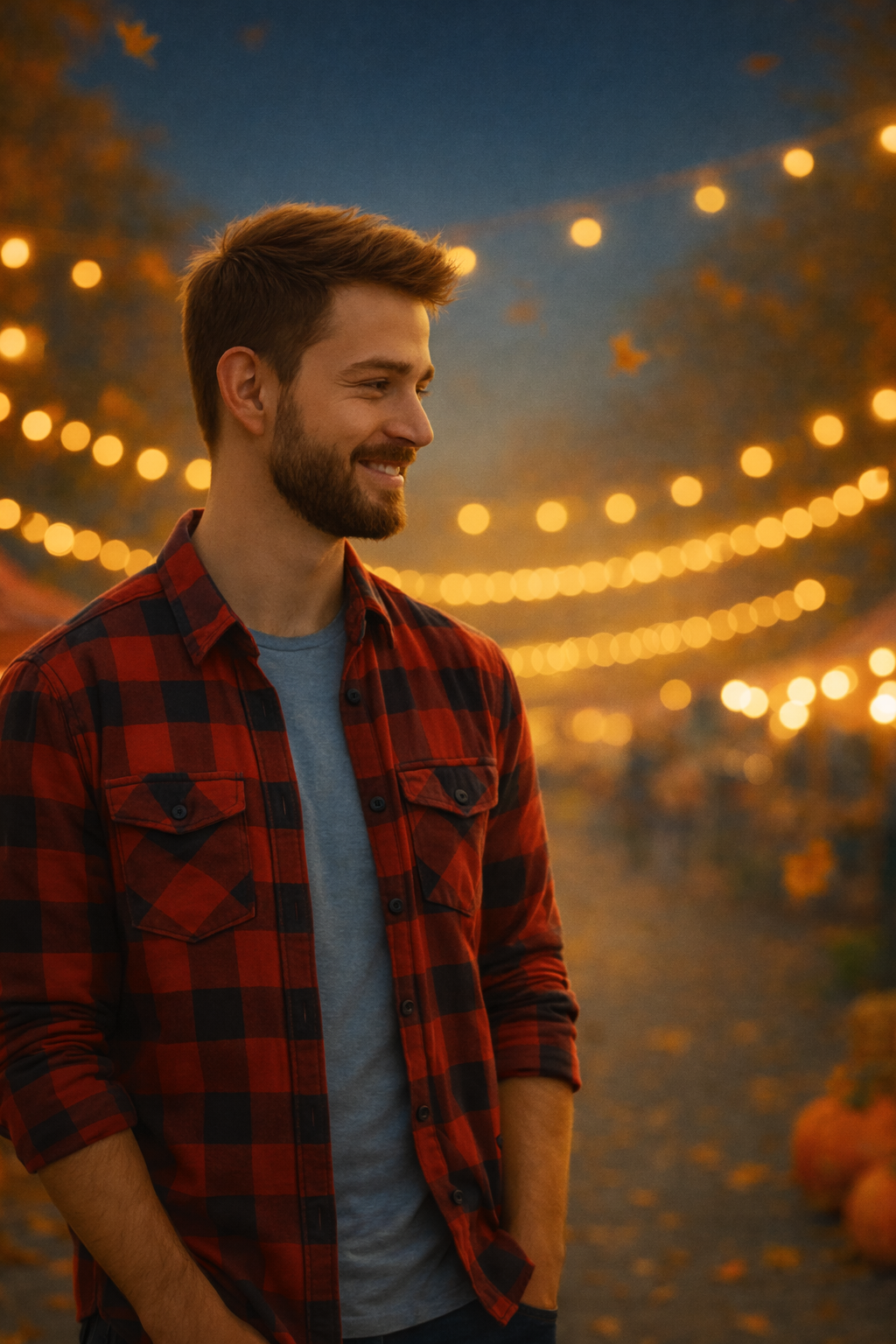 a young man in a flannel shirt, standing in a festival