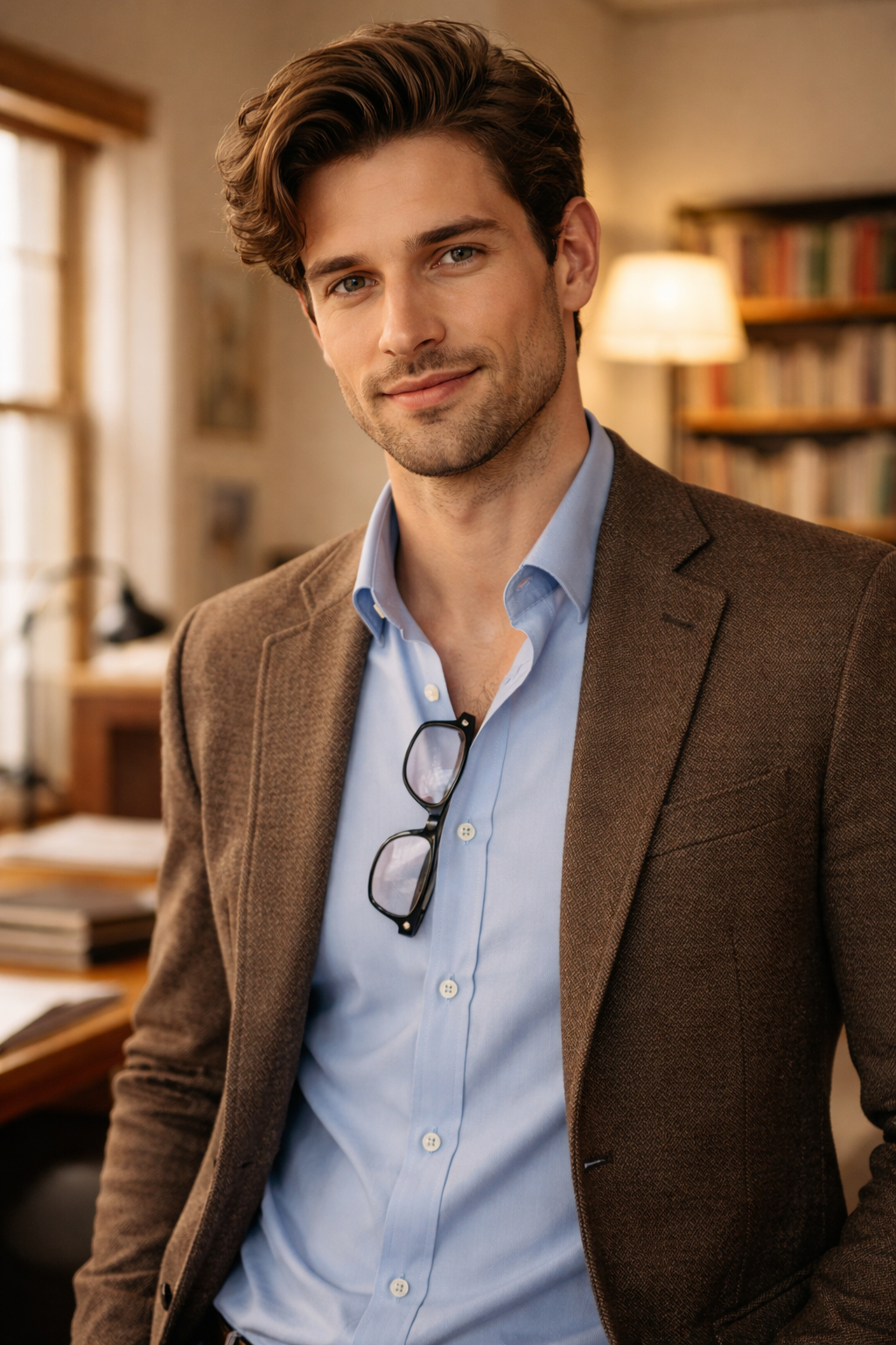 A good looking man wearing a blue shirt and brown sportcoat. In a room with a lamp, a book case. His glasses are tucked in his shirt.