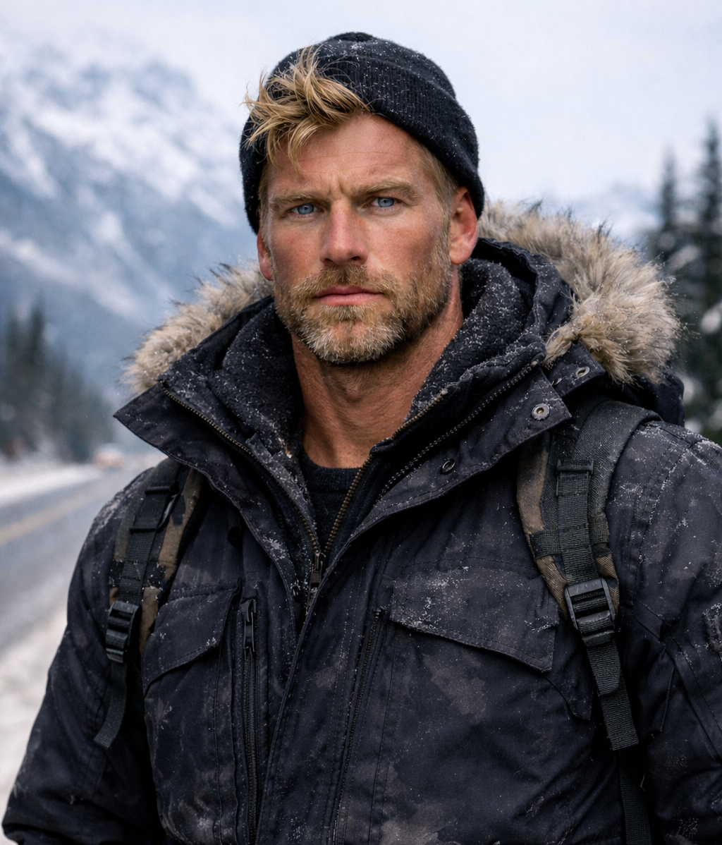 A tall blond man, rugged, wearing a parka and knitted cap, standing in a winter landscape