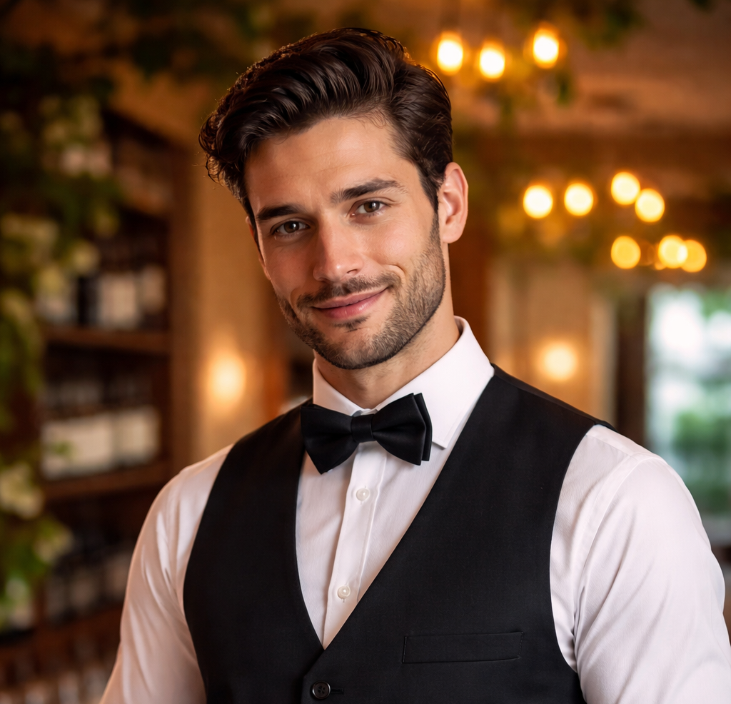 a waiter at an Italian Bistro. Handsome, relaxed, about to take an order.