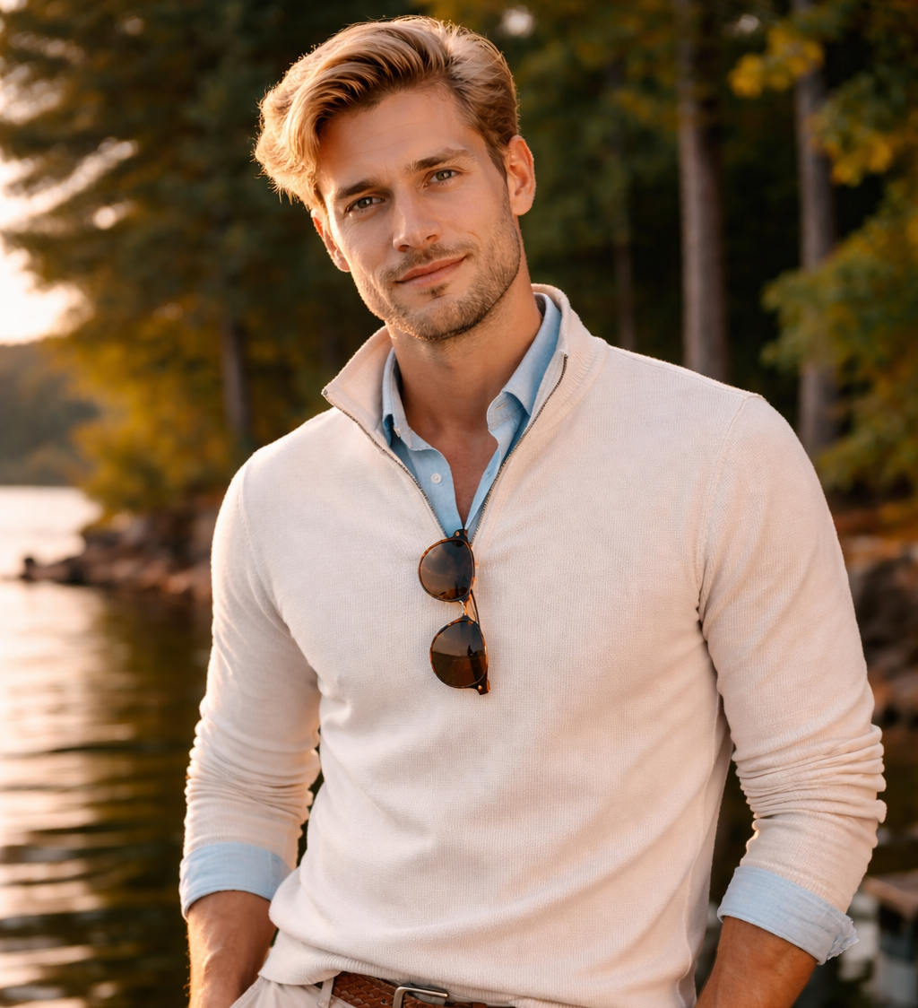 A handsome blond man, well dressed, standing on a dock beside a lake