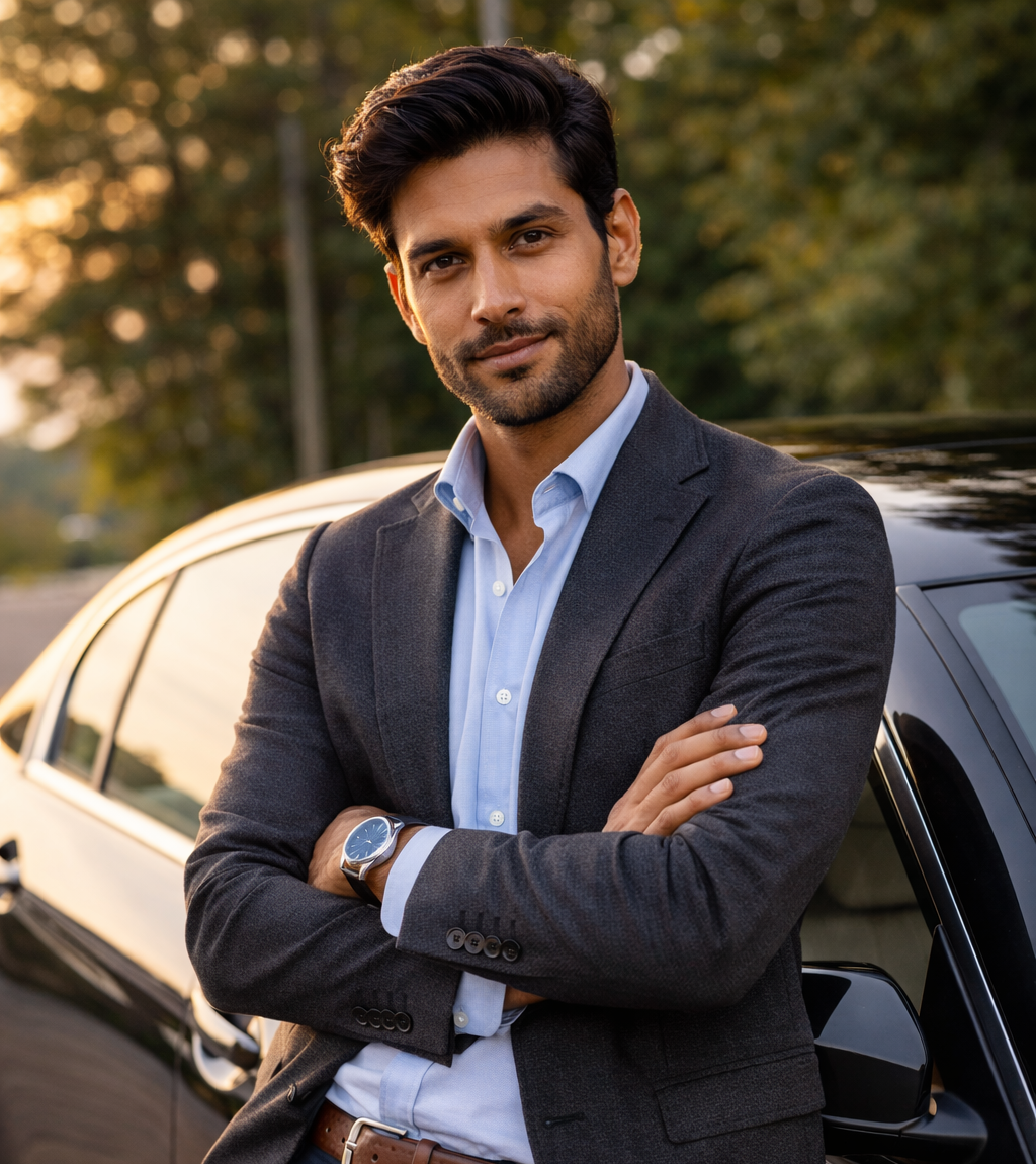 A casual business man leaning up against a black sedan