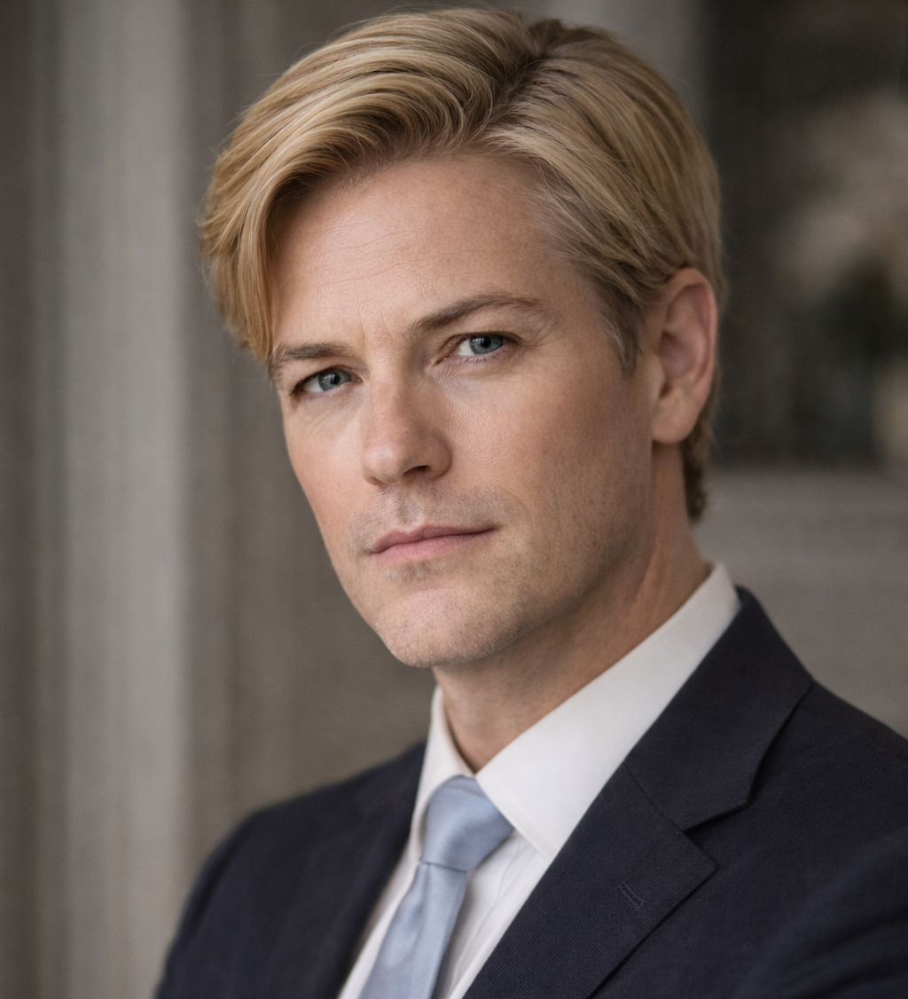 A blond man in a suit. Looking serious