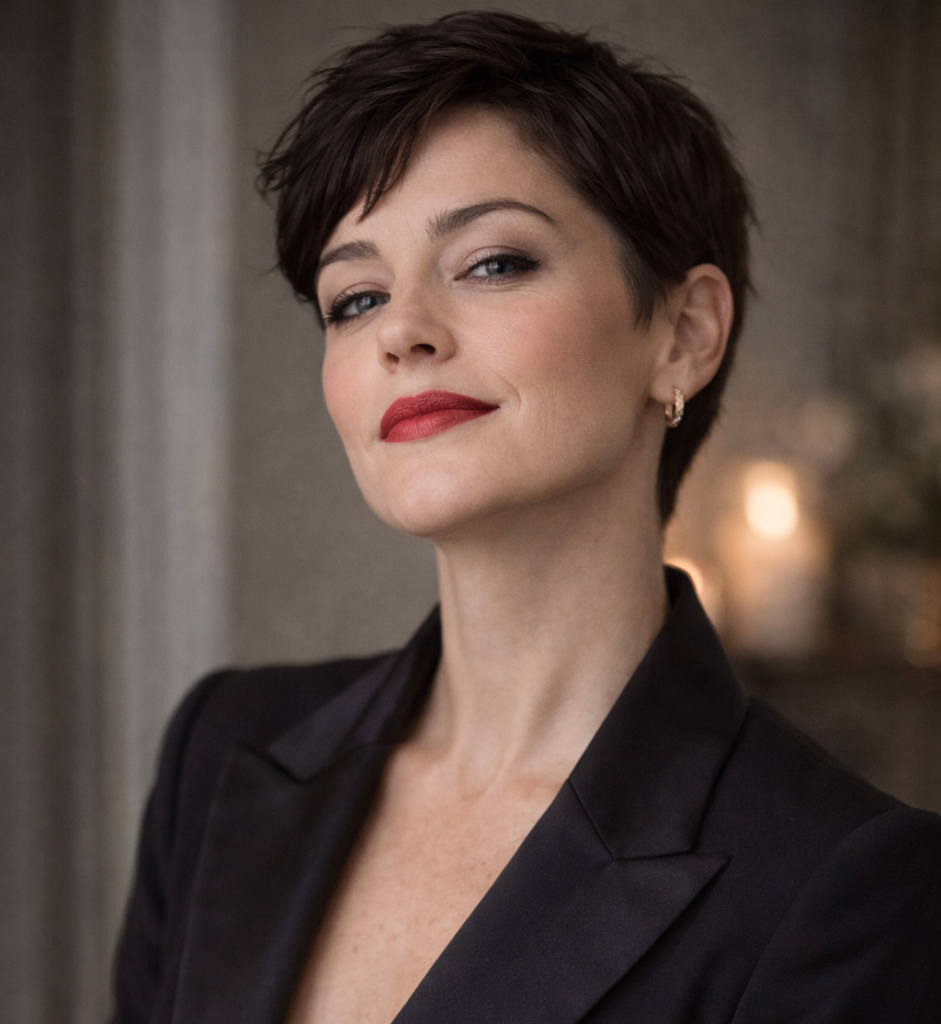 Confident woman with short dark hair, red lipstick and a tuxedo jacket.