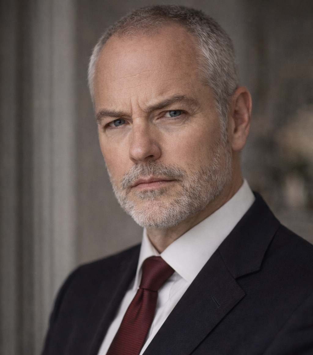 An older precise looking man in a suit