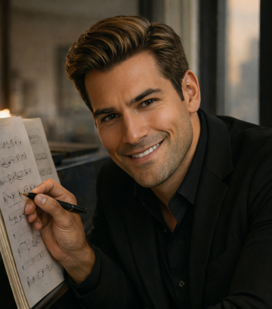 A young professor writing music at a piano