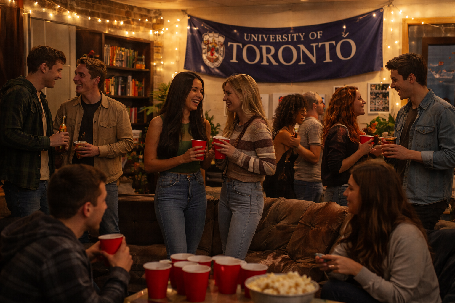 A dorm party at the university of Toronto. Lots of students and chaos