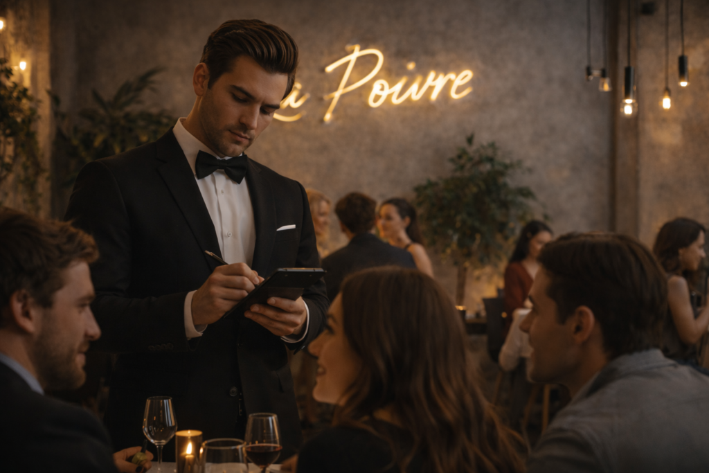 an upscale restaurant that is trendy. There is a neon sign La Poivre on one cement wall and a waiter in a tux taking an order