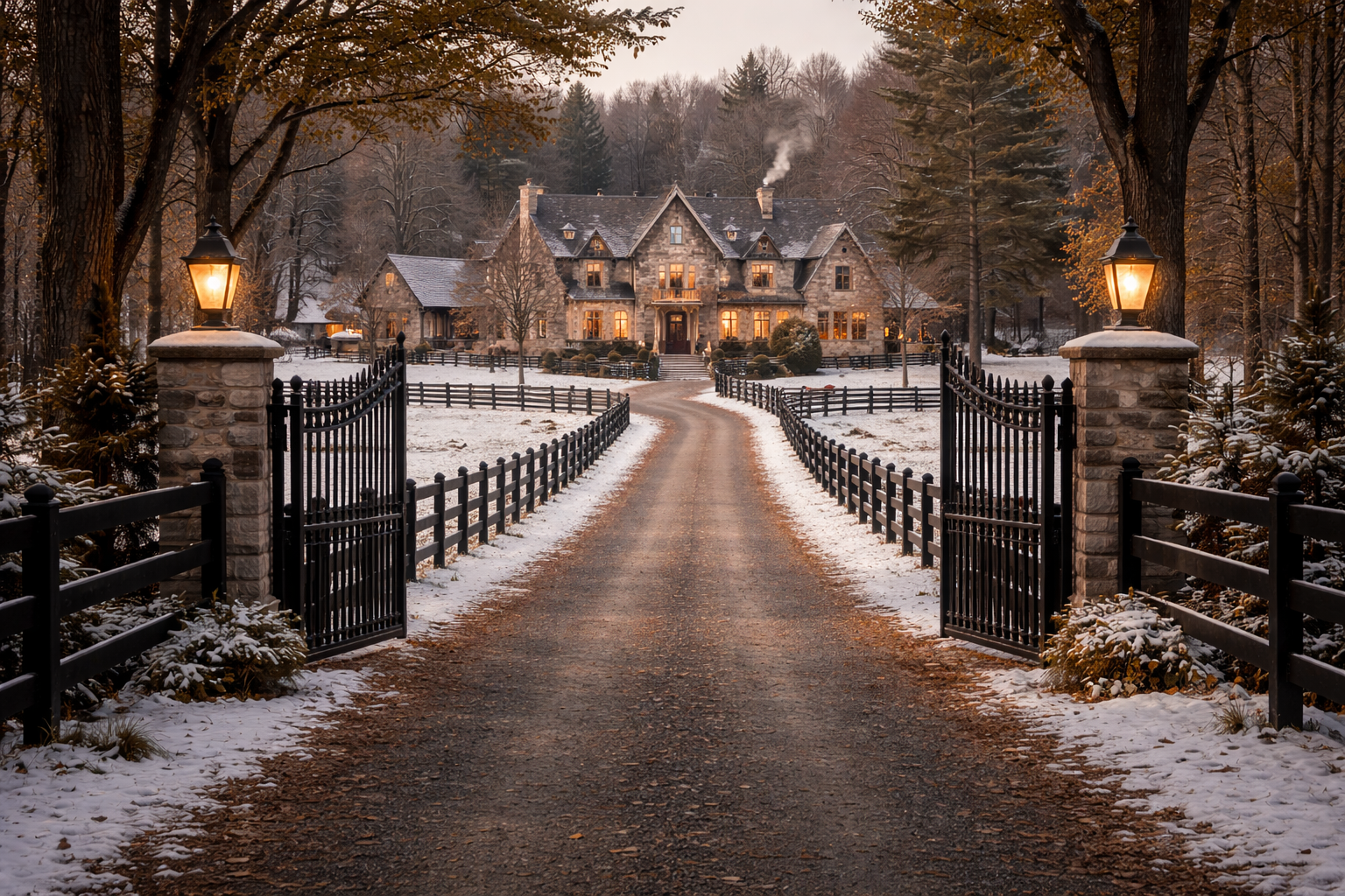 A rich estate, snowy, iron gate, fences and a stone building at the end of the drive. Very pretty