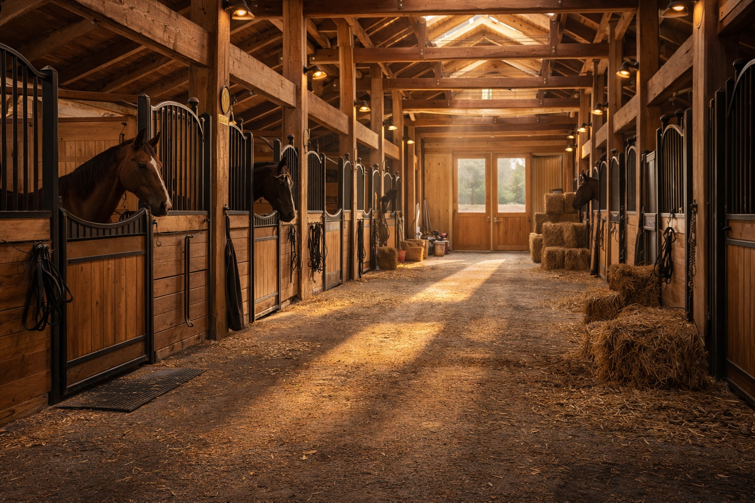 Interior picture of a large stable. Wooden beams, horses looking out into the middle. Hay.