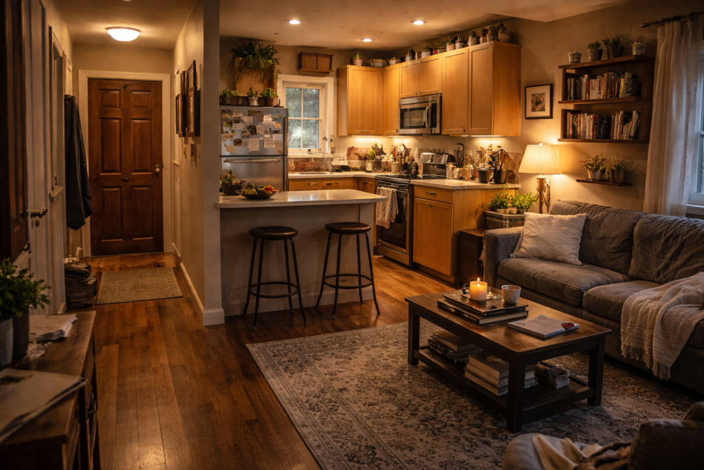 Erin Kelly’s small, lived-in three-room apartment above the veterinary clinic