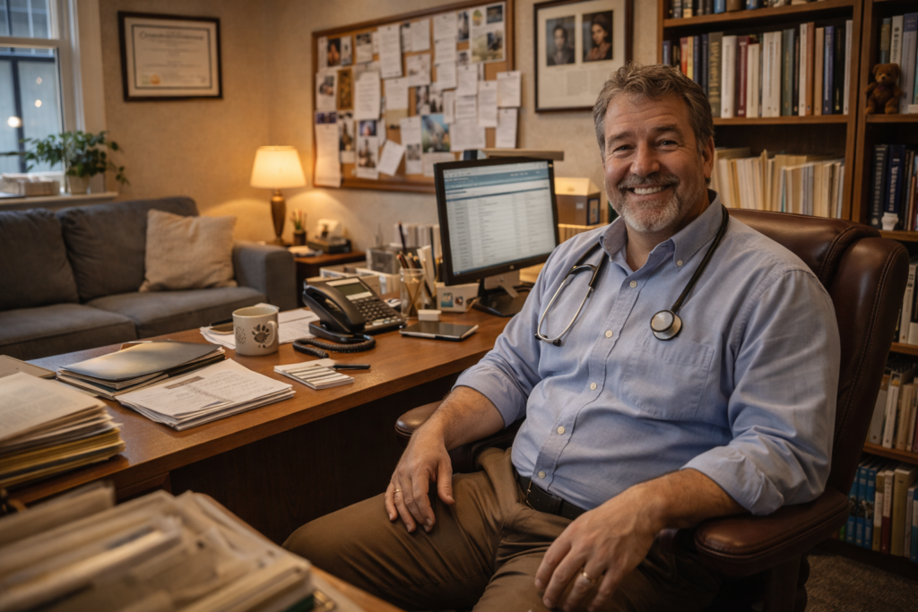 Dr. Dennis Barnes smiling behind his desk at the Ashby Lake veterinary clinic