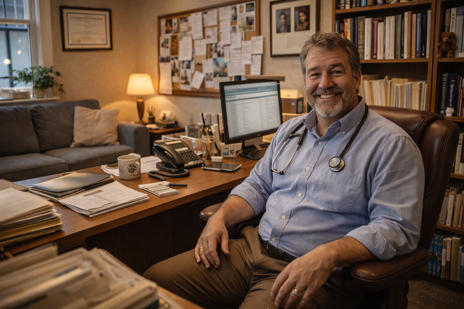 A man in his 50, in a full office, veterinarian, big smile, behind his desk