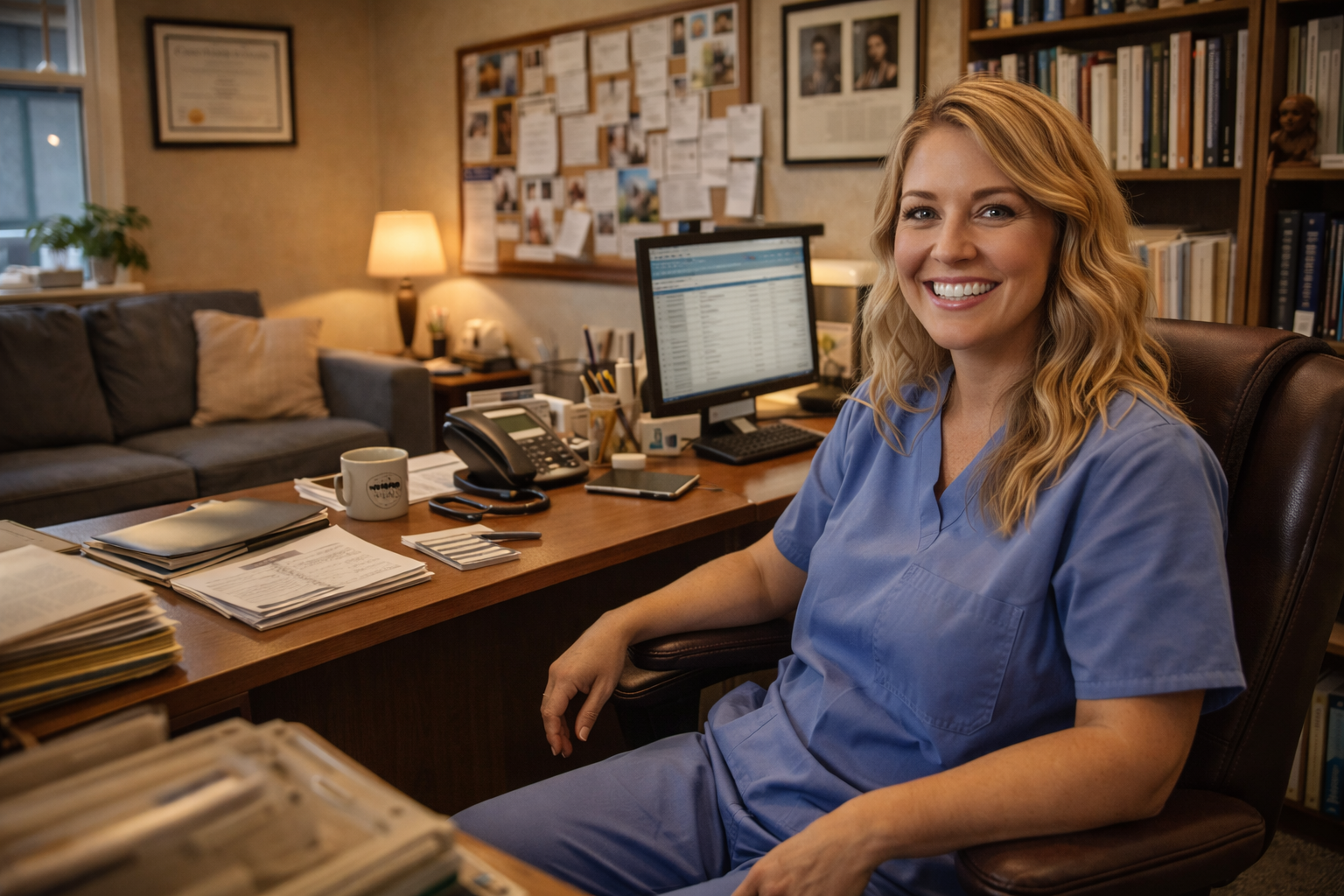 A pretty blond woman, wearing scrubs behind a full desk. 