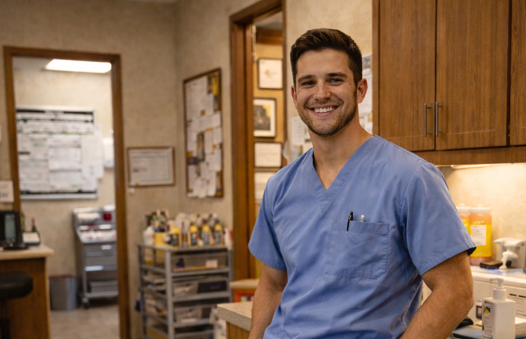 A vet tech leaning up a counter, his socks are neon yellow.