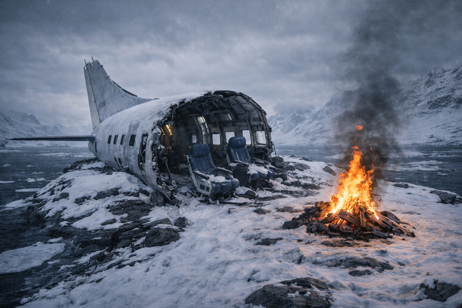 half a of plane, after a crash with a signal fire going. on a snowy small island