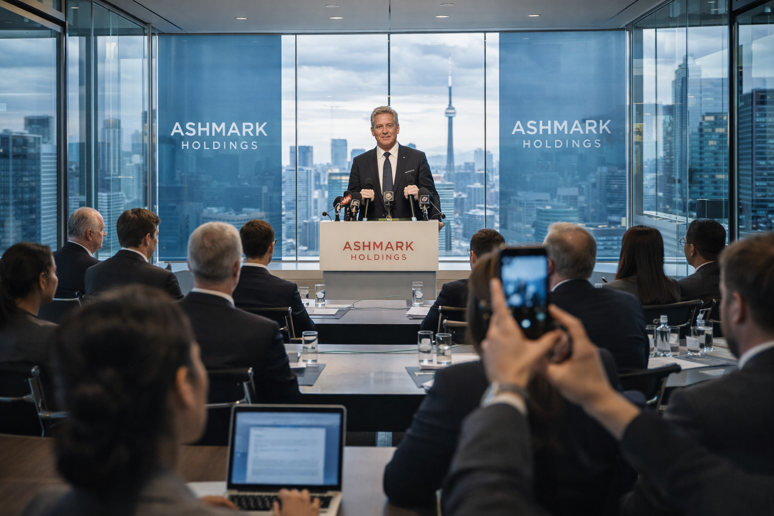 a conference room in Toronto, skyline behind a speaker at a podium.