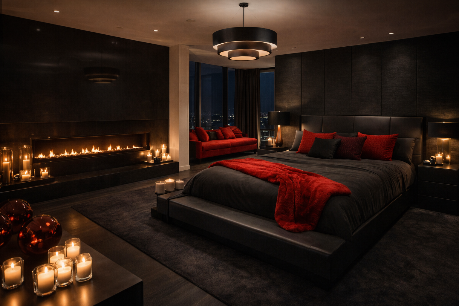 A dark bedroom, black and red with candles and a large bed