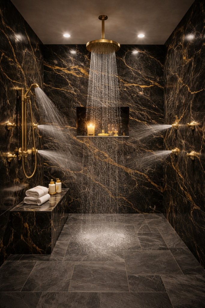 A luxury spa shower, gold fixtures, black marble, multiple shower heads