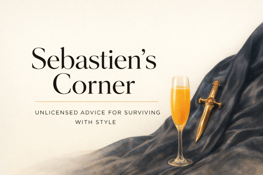a header card, for Sebastien's corner. A mimosa and a velvet throw. A gold dagger broach