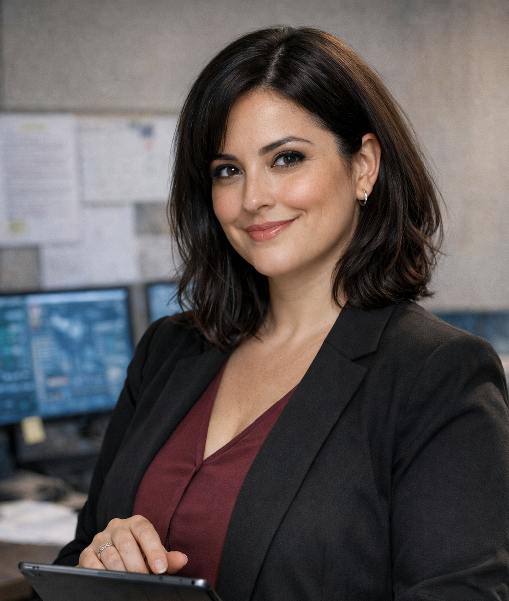 A competent looking woman, mid-30s, dark hair, holding a tablet