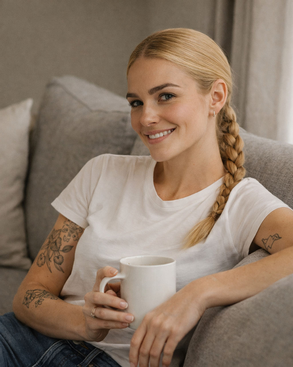 A blond woman reclining on a sofa, with a coffee and tattoos